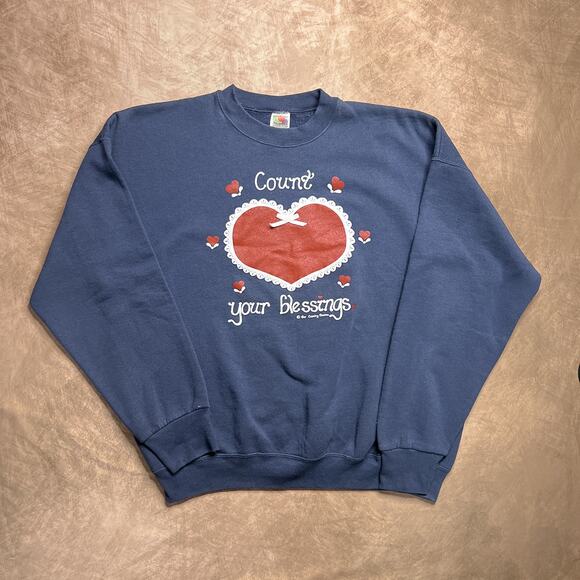 Vintage 90s Count Your Blessings Heart Crewneck Sweatshirt Navy Grandma Cottage - Picture 1 of 7
